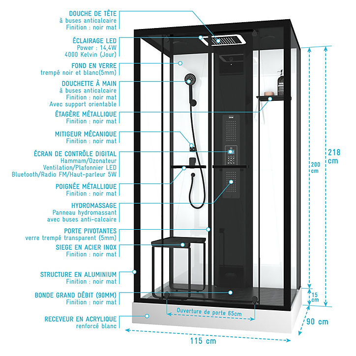 Cabine de douche hydrommassante connectée 90 x 115 cm, noir et blanc, Galedo Relax Hammam