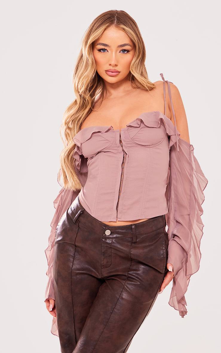 Mauve Corset Bardot À Baleines En Tissu Tissé Avec Détails De Volants Et Fermeture À Agrafes