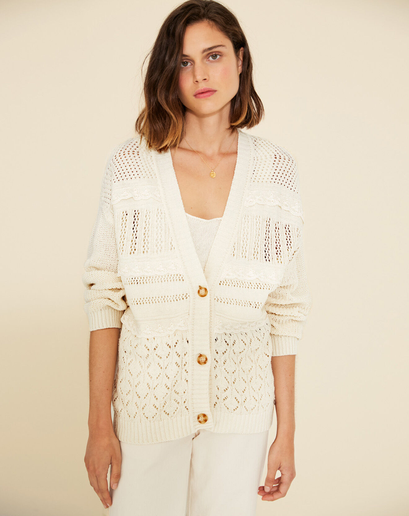 Yerse Gilet en Lin mélangé maille fantaisie Daisy écru