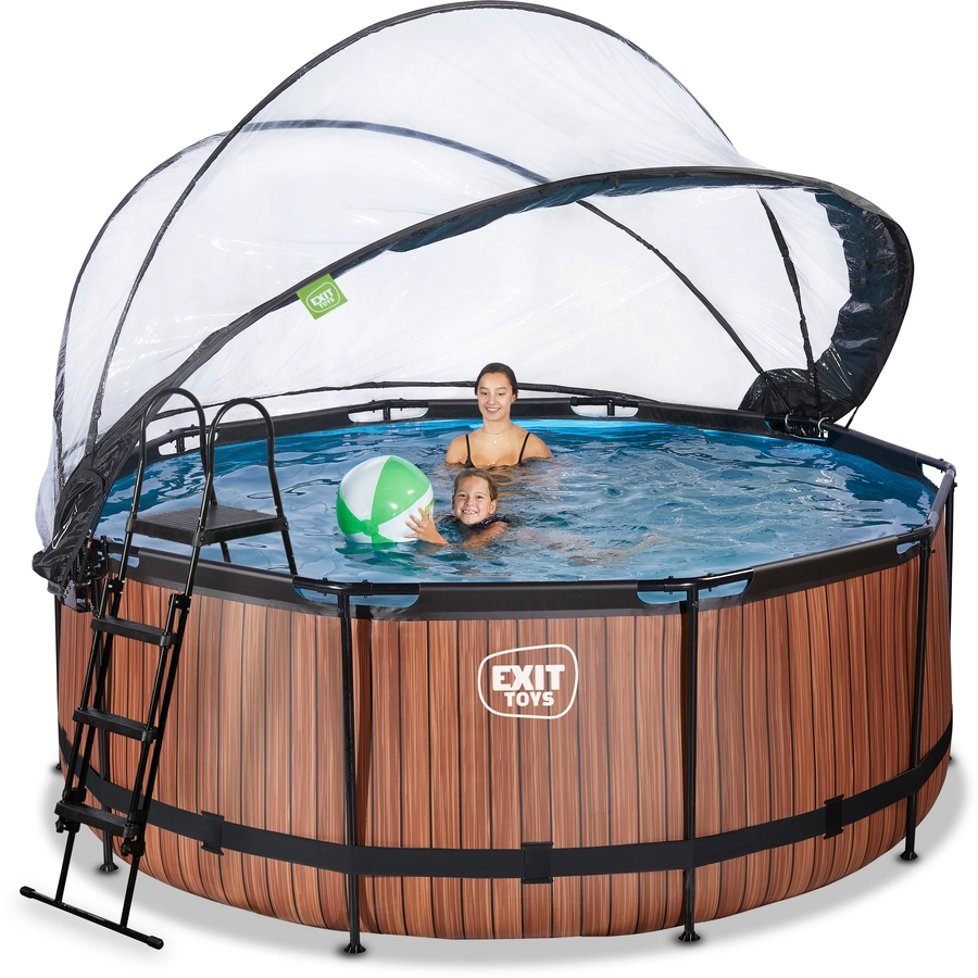 EXIT Wood Pool ø360x122cm mit Abdeckung und Sandfilterpumpe, braun