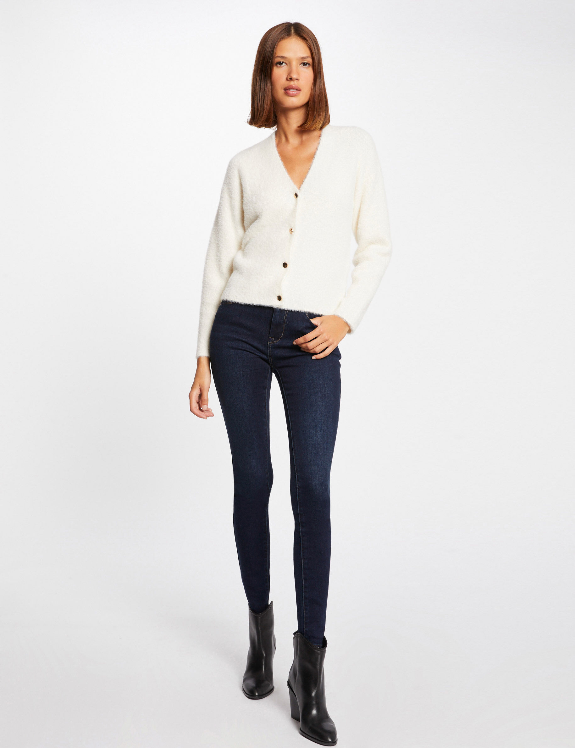 Gilet manches longues avec col en V ivoire femme - ivoire