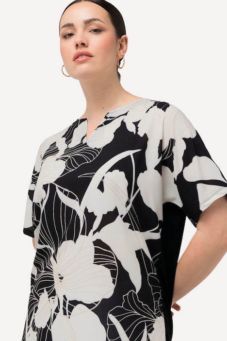 T-Shirt, Blüten, Oversized, Tunika-Ausschnitt, Halbarm