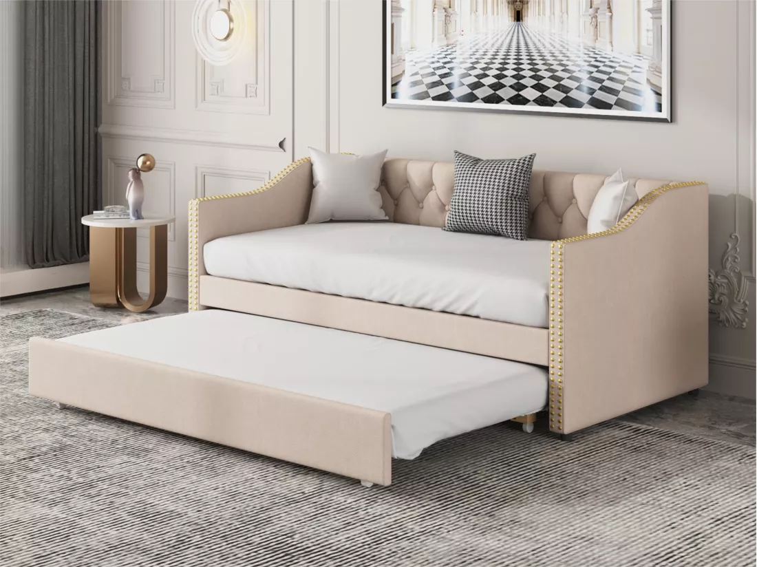Lit gigogne 90 x 200 cm - tissu lin - boutons et rivets - style classique - coloris beige