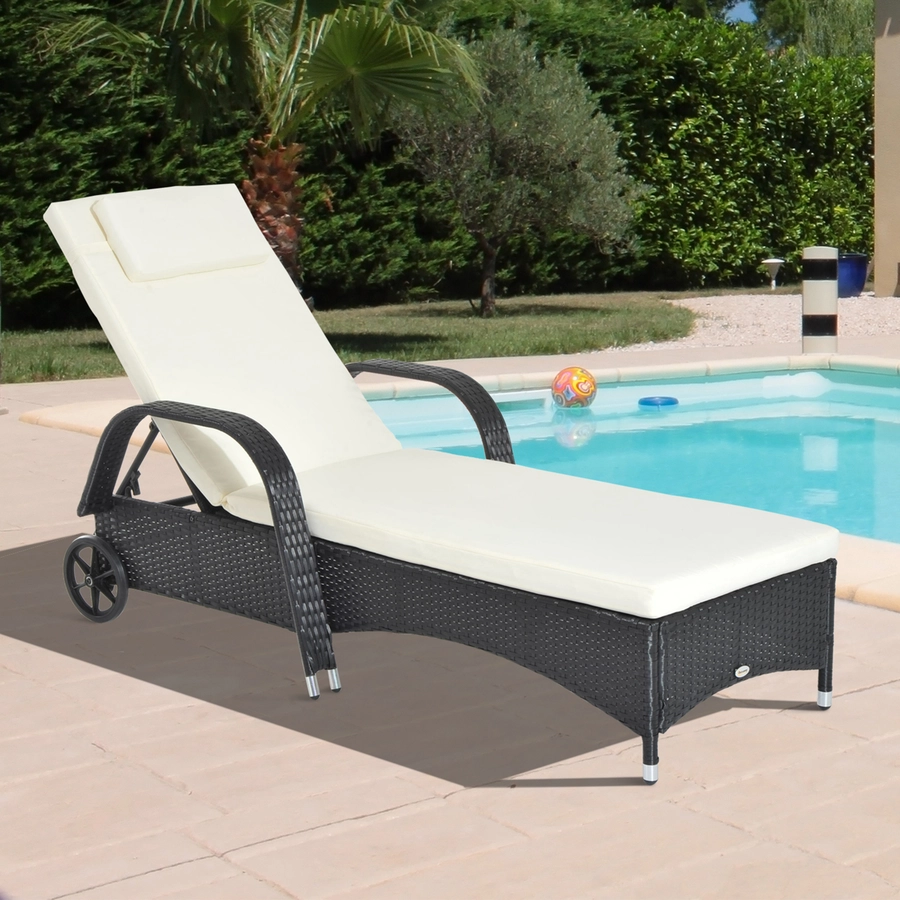 Outsunny Mobile Rattanliege für den Garten schwarz, creme