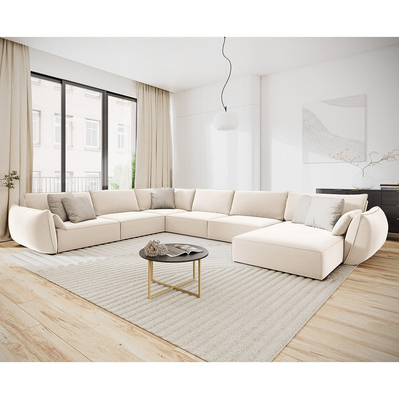 Mazzini Sofas Canapé d'angle Panoramique gauche Velours Vanda 8 Places beige clair - 384x284x85 cm