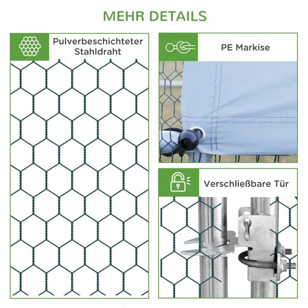 Hønsehus, 3 x 6 x 2 m, frittgående innhegning XXL, utendørs fjærfehus med skjerm, tak, for 12-18 kyllinger, ender, kaniner, stål