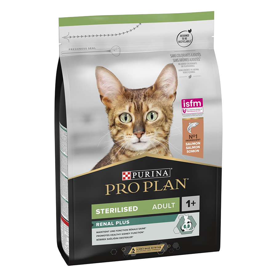 Ração esterilizada Pro Plan Adult para gatos com sabor de salmão.
