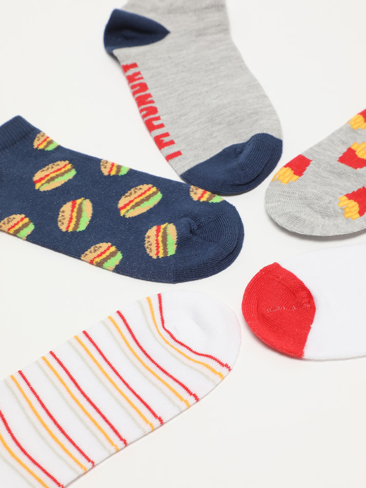 Pacote com 5 pares de meias estampadas com motivos de fast food - Cores variadas