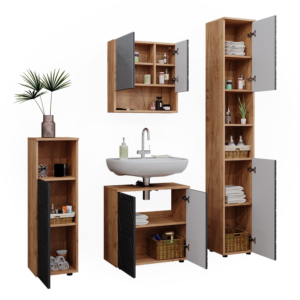 Vicco Badmöbel-Set Irma Eiche Anthrazit 4-teilig Hochschrank Midischrank 95 cm