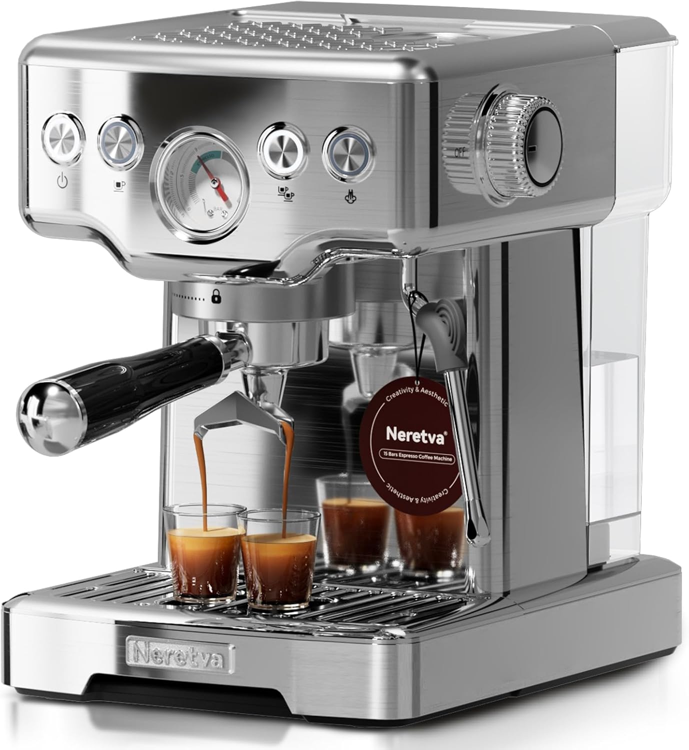 Neretva Siebträgermaschine, Edelstahl Espressomaschine 15 Bar Professionellem Siebträger Kaffeemaschine mit Leistungsstarker Milchaufschäumer, Sichtbares Manometer, 1,8L-Tank, inkl. Barista-Kit