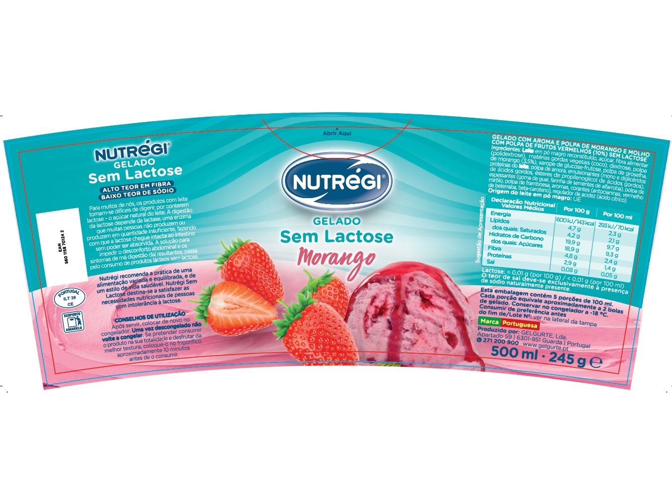 GELADO S/LACTOSE NUTRÉGI MORANGO 500 ML