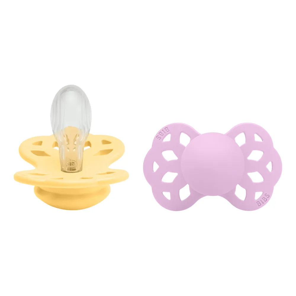 BIBS Infinity Symmetrisk Silicone Pale Butter/Violet Sky 2 pak - flere størrelser