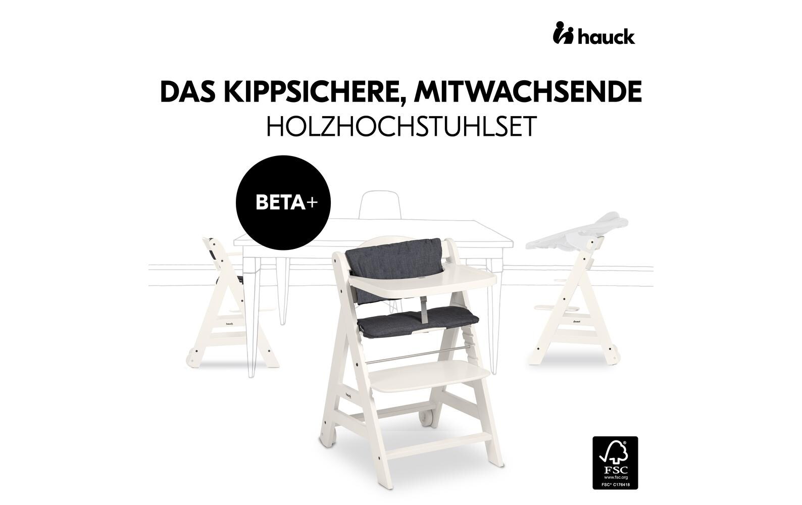 Treppenhochstuhl Beta+ White<br>Kippsicheres und mitwachsendes Holzhochstuhlset