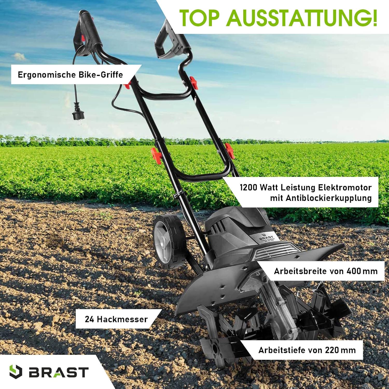 BRAST Motorhacke Gartenfräse Elektro | 1050-1800 Watt | 36-45cm Arbeitsbreite | 4 Modelle | Schutzblech Antiblockierkupplung & Sicherheitsschalter | für kleine bis große Grundstücke | BRE-AF 1200