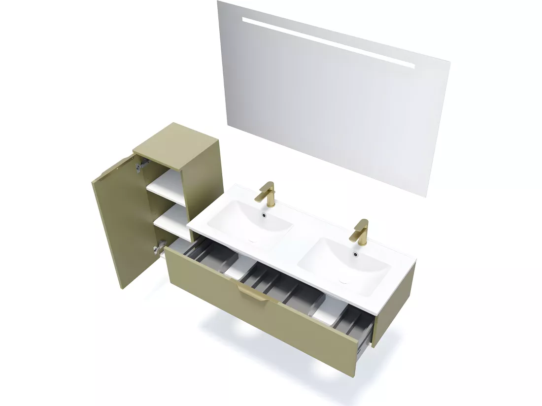 Meuble de salle de bain suspendu double vasque intégrée 120cm 1 tiroir Vert olive - Venice