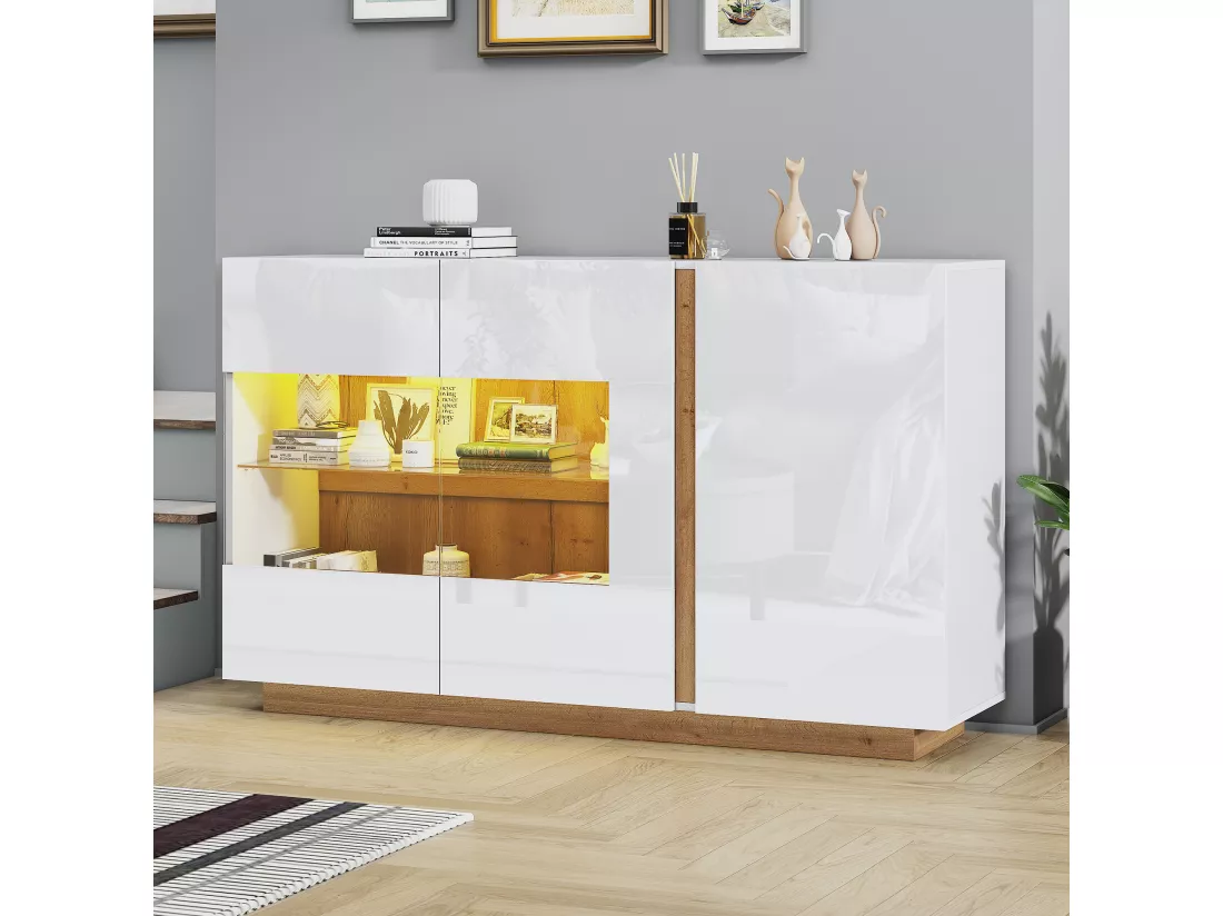 Buffet moderne avec 3 portes - 138 x 38 x 90.5 cm - Panneaux de particules - pour salon, salle à manger - Blanc