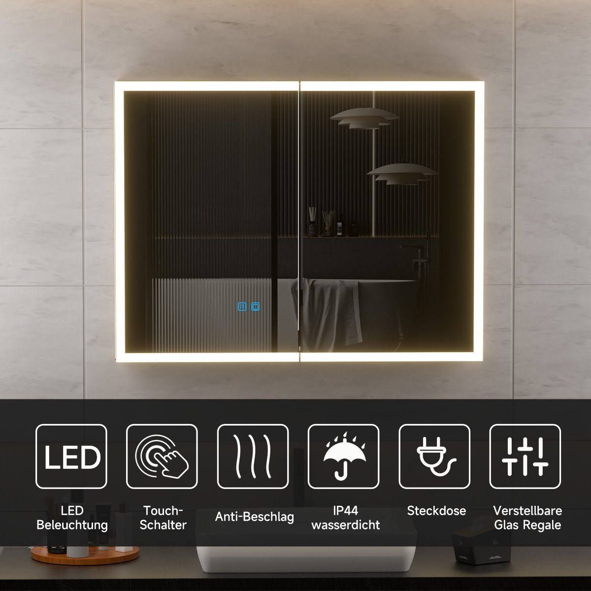 Gunuss Badezimmerspiegelschrank aus Edelstahl-Metall 2-türiger mit Licht,13T x 80B x 60H cm mit LED-Beleuchtung