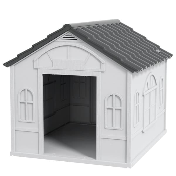 Hundehus, hundehus med sadeltak, værbestandig smådyrhus for mellomstore hunder under 20 kg, utendørs hundehus, 65 x 75,7 x 63 cm, grå