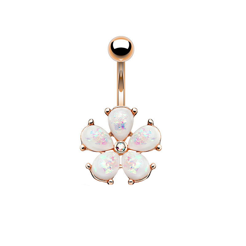 (10mm) 316L Chirurgenstahl Bauchnabelpiercing mit Gewindeverschluss Opalstein Blume - Roségold