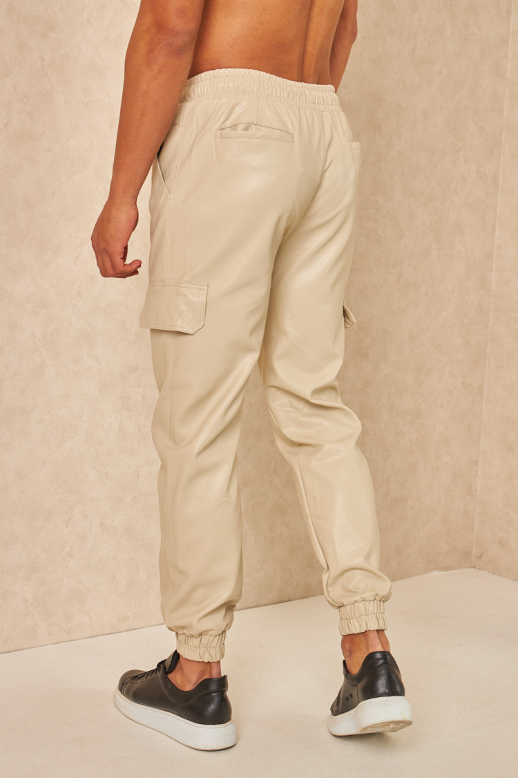 Pantalon de jogging en simili cuir beige