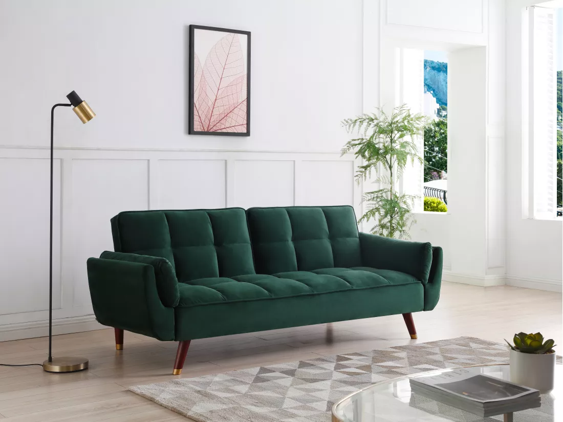 Canapé 3 places convertible clic-clac en velours vert GULCAN