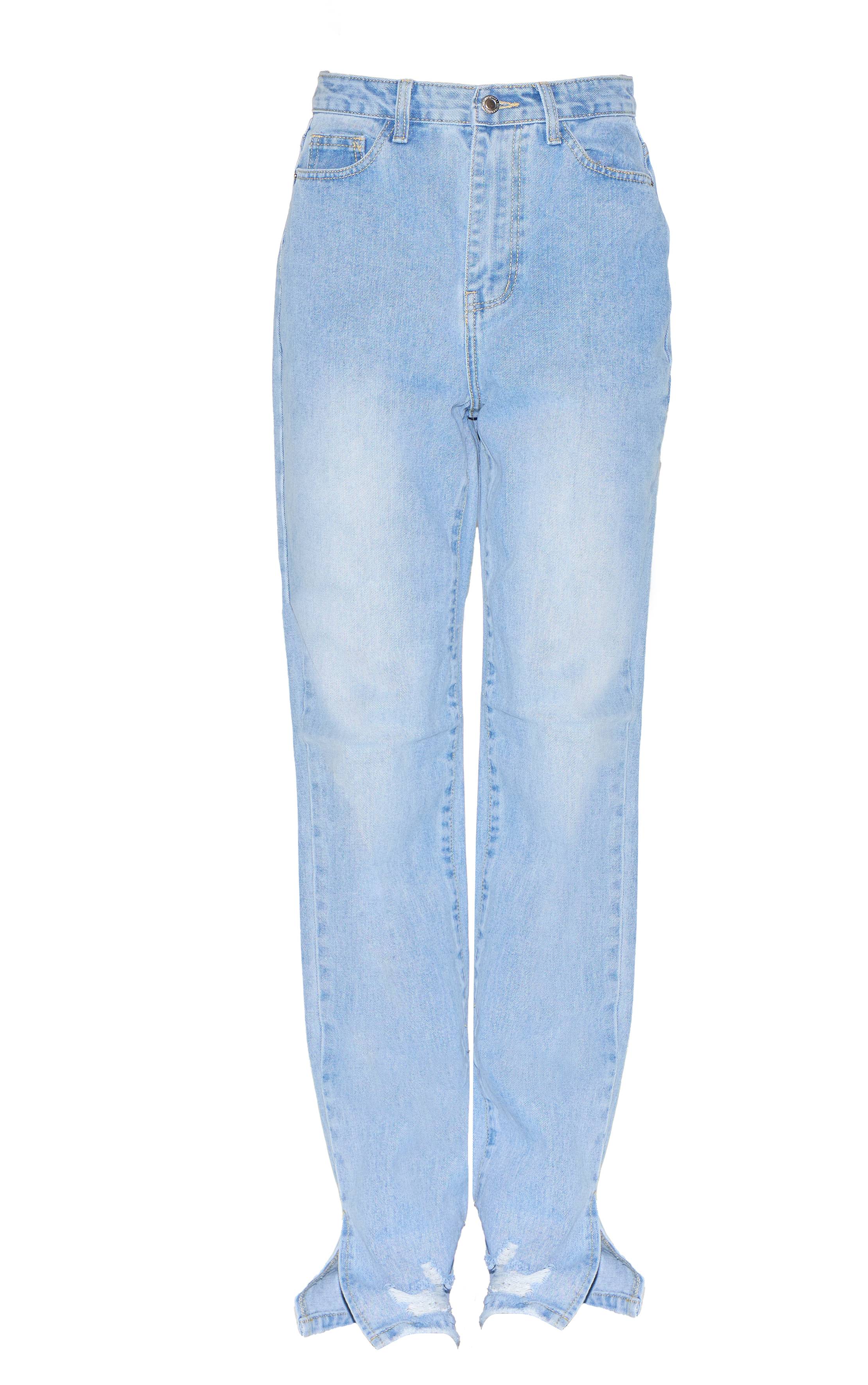 Light Blue Wash Jean Droit Effet Usé À Ourlets Fendus