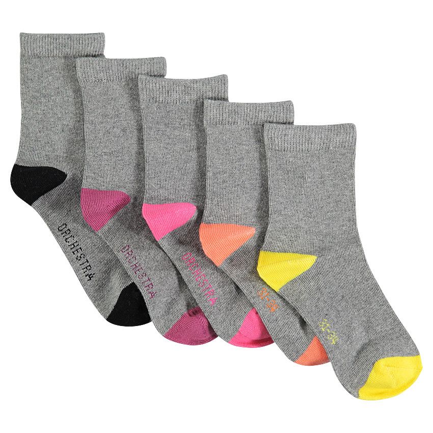 Lot de 5 paires de chaussettes unies à bout et talon contrastés - Gris/Vert