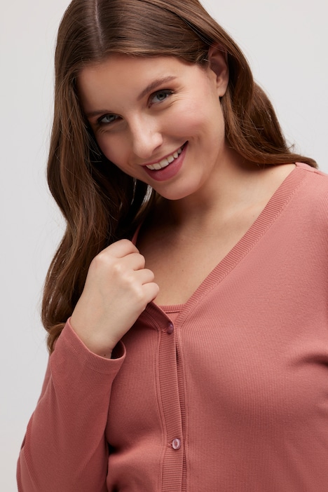 Long-Shirtjacke, Rippjersey, V-Ausschnitt, Biobaumwolle