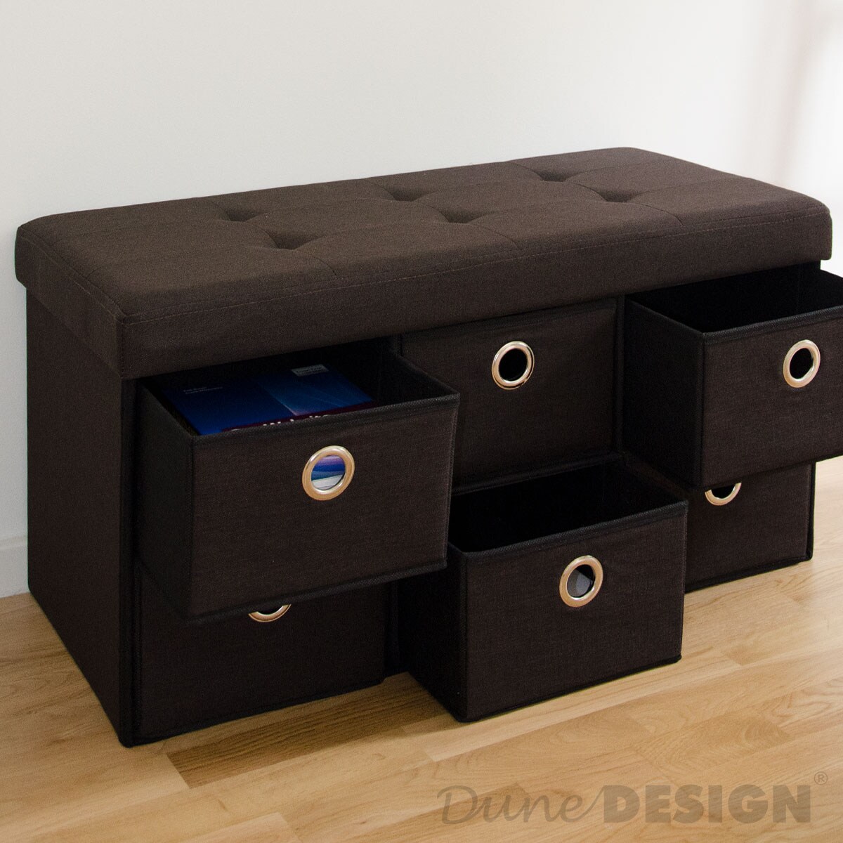 Faltbare Sitzbank 76x38x38cm mit 6 Schubladen Sitztruhe 80L Polsterbank Ottomane Leinen Dunkelbraun