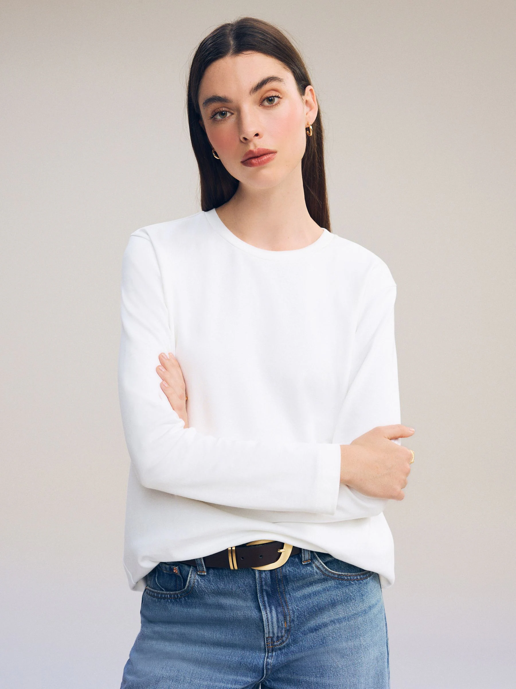 Wit - Dik T-shirt met lange mouwen en ronde hals