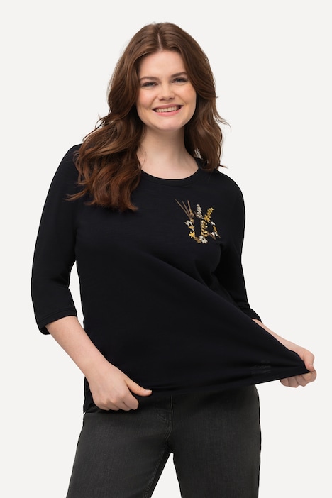 Shirt, Stickerei, Rundhals, 3/4-Arm, Biobaumwolle