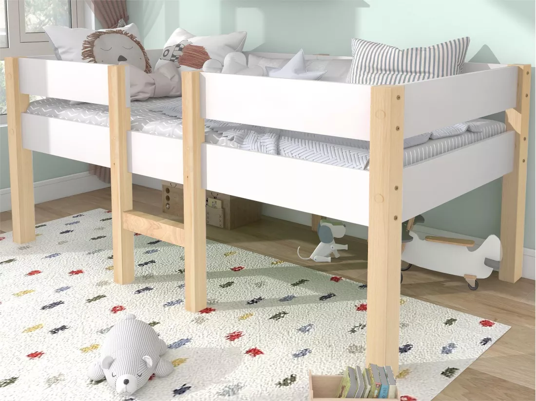 Lit mezzanine avec barrières de sécurité - en bois de pin massif - 90x200 cm - Blanc