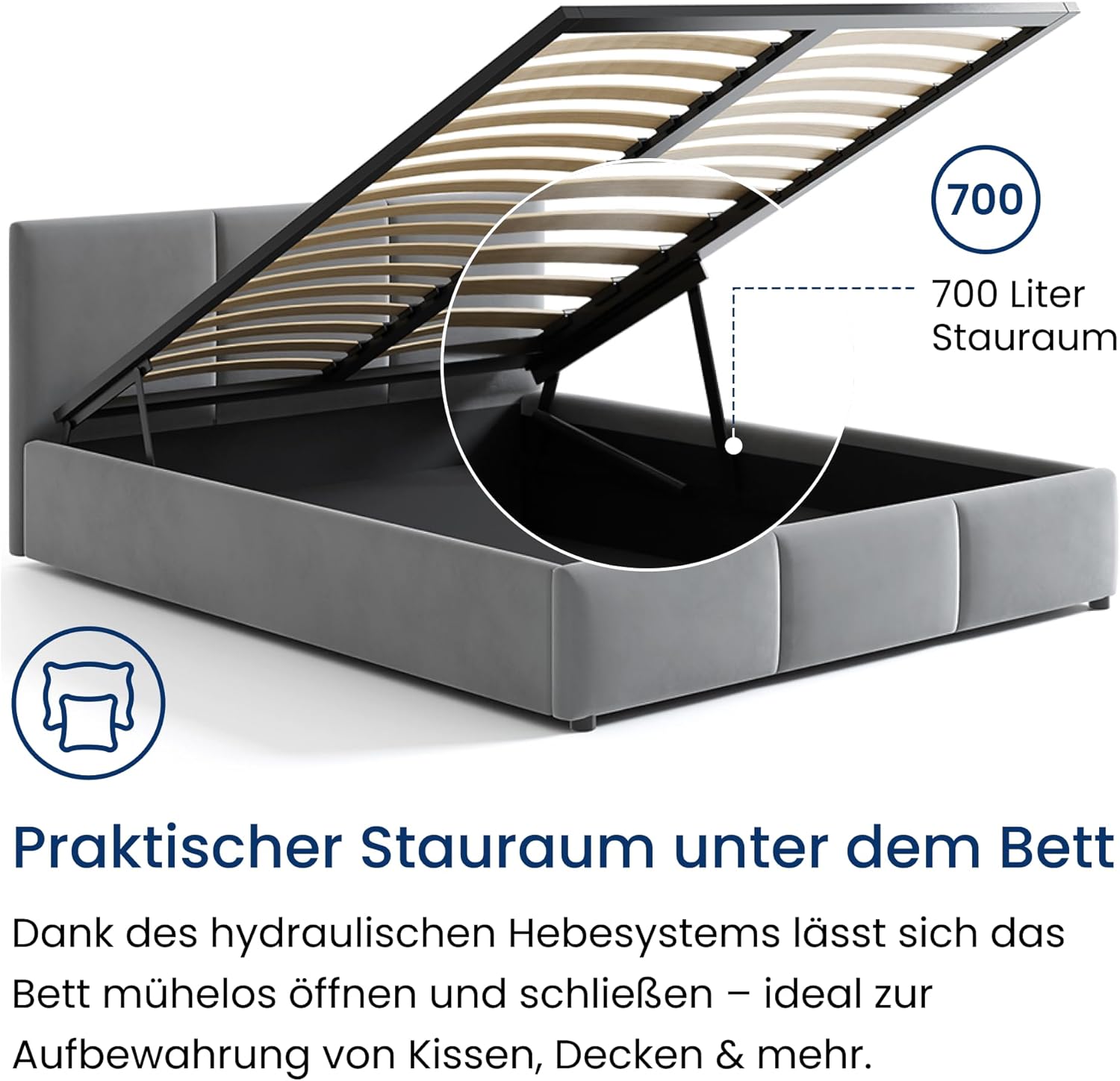 Home Collective Bett 140x200 cm Doppelbett Polsterbett Bettgestell mit Lattenrost aus Metall, hydraulischer Bettkasten, Samtbezug in hellgrau, viel Stauraum, modern & pflegeleicht