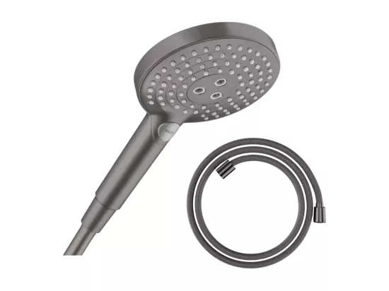 Pommeau de douche HANSGROHE Raindance Select S EcoSmart 120 3 jets noir chromé brossé + flexible de douche HANSGROHE Designflex 125 cm noir chromé brossé