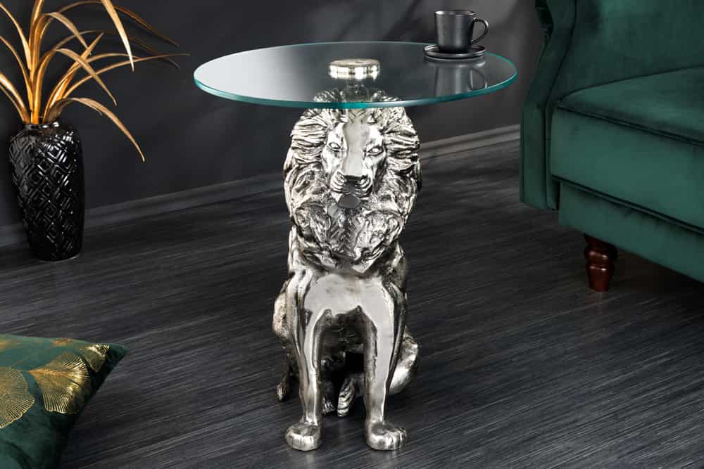 Runder Beistelltisch WILDLIFE LION 60cm silber antik Metall Glas Löwen Skulptur