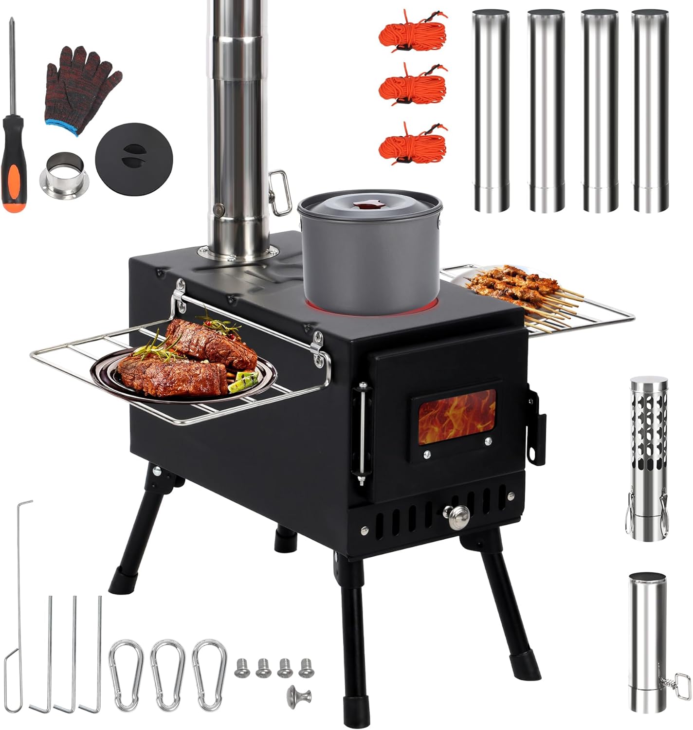 REDCAMP Camping Zelt Herd, Faltbarer Zelt Holz Brennofen, Tragbarer heißer Zelt Holzofen mit winddichtem Kamin für Outdoor Camping Kochen, schwarz