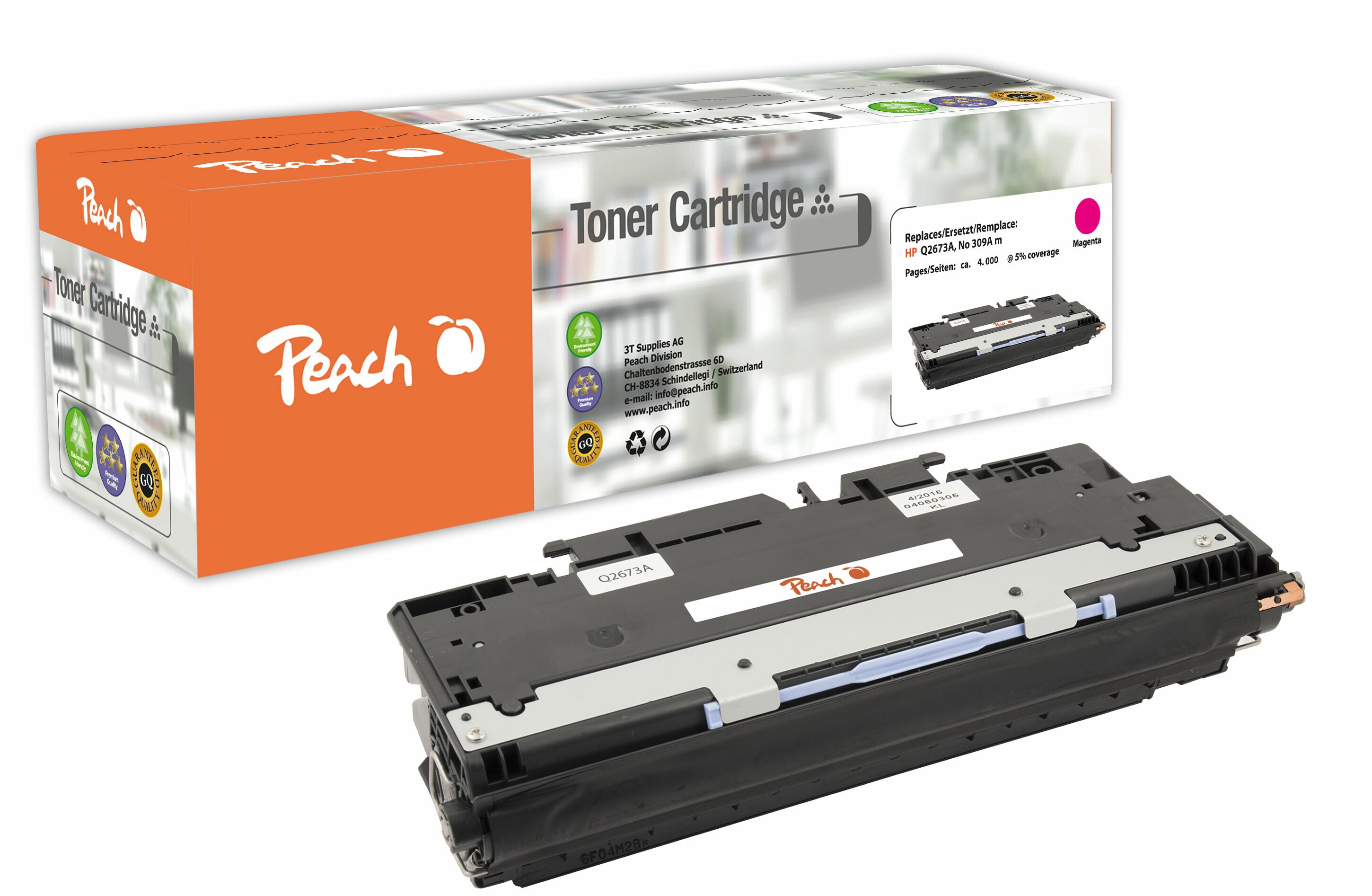 Peach HP 309 AM Toner ma ersetzt HP No. 309A M, Q2673A für z.B. HP Color LaserJet 3500, HP Color LaserJet 3500 N, HP Color LaserJet 3550 (wiederaufbereitet)