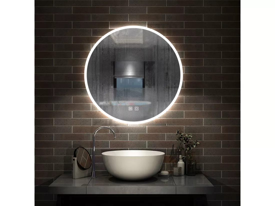 Miroir de Salle de Bain avec Anti-buée + 3 couleurs LED avec lumière et luminosité réglables Rond double interrupteur tactile ∅60cm