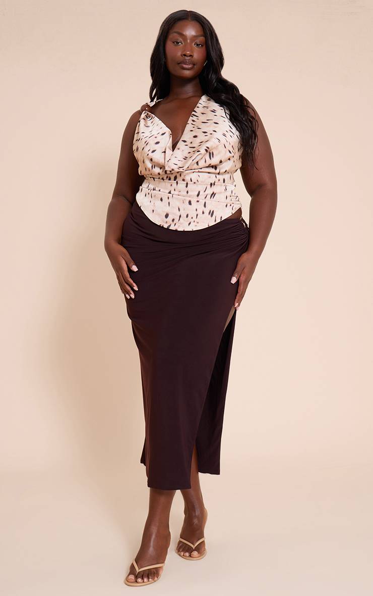 Chocolat Jupe Longue Grande Taille En Mousseline Stretch Chocolat Avec Détails De Finition