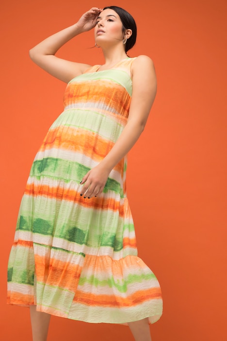 Maxikleid, A-Line, Batikstreifen, Rücken-V-Ausschnitt, Volants