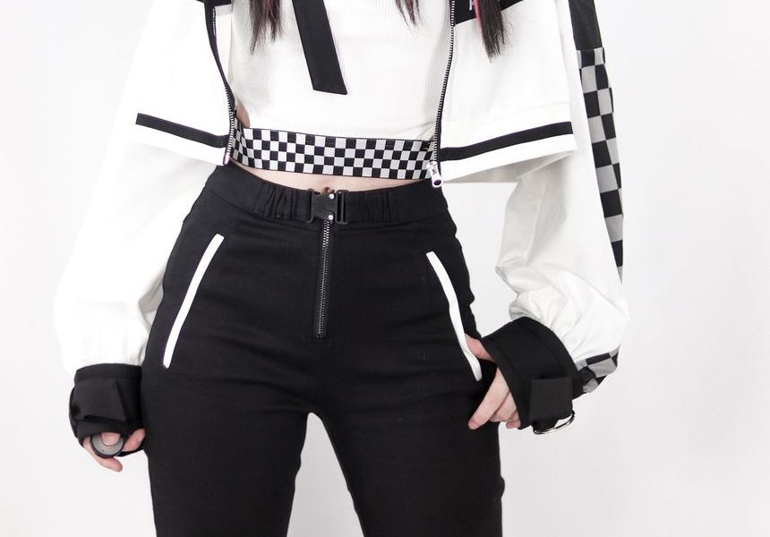 Florimi - Lange mouw crop top / jas / mini rok / bootcut broek / checkerboard beenwarmers (verschillende ontwerpen)