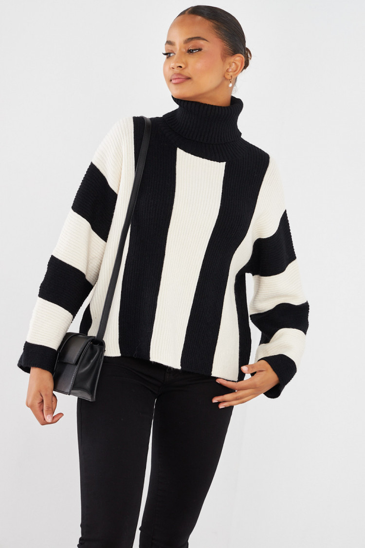 Pull à rayures bicolore noir/écru
