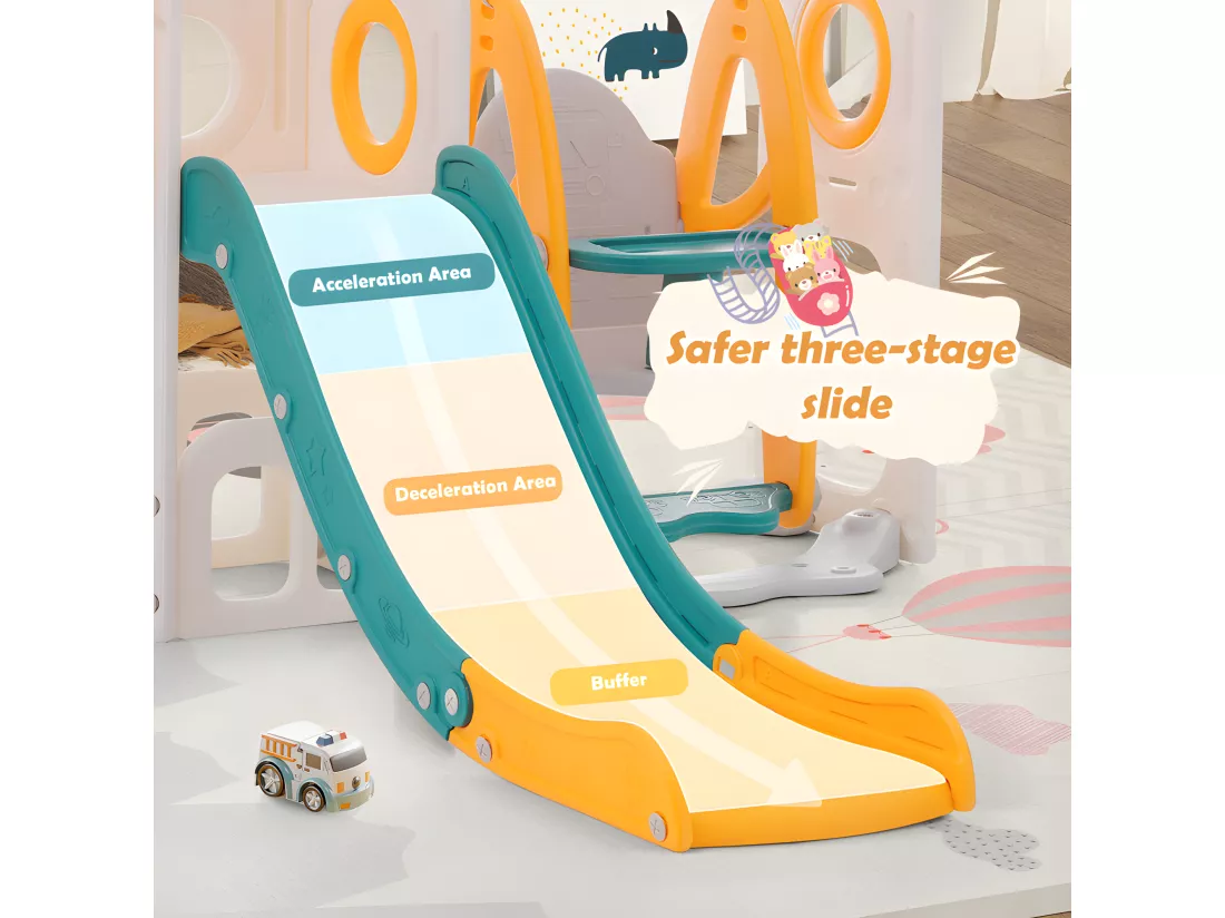 Toboggan pour enfants 7 en 1 - composé d'un toboggan, d'une balançoire, d'un panier de basket, d'un escalier, d'un tunnel, d'un passerelle et d'un rangement - Polyéthylène - Vert