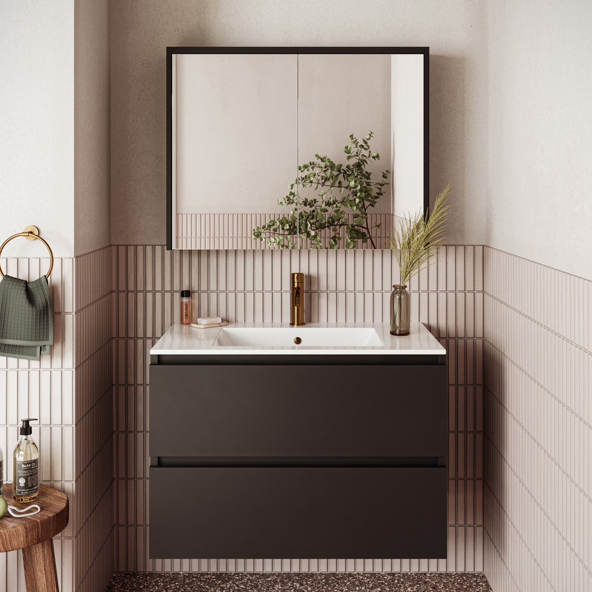 Fontana Rovigo badmeubel 80cm zwart mat met witte wastafel met kraangat en spiegelkast zonder verlichting