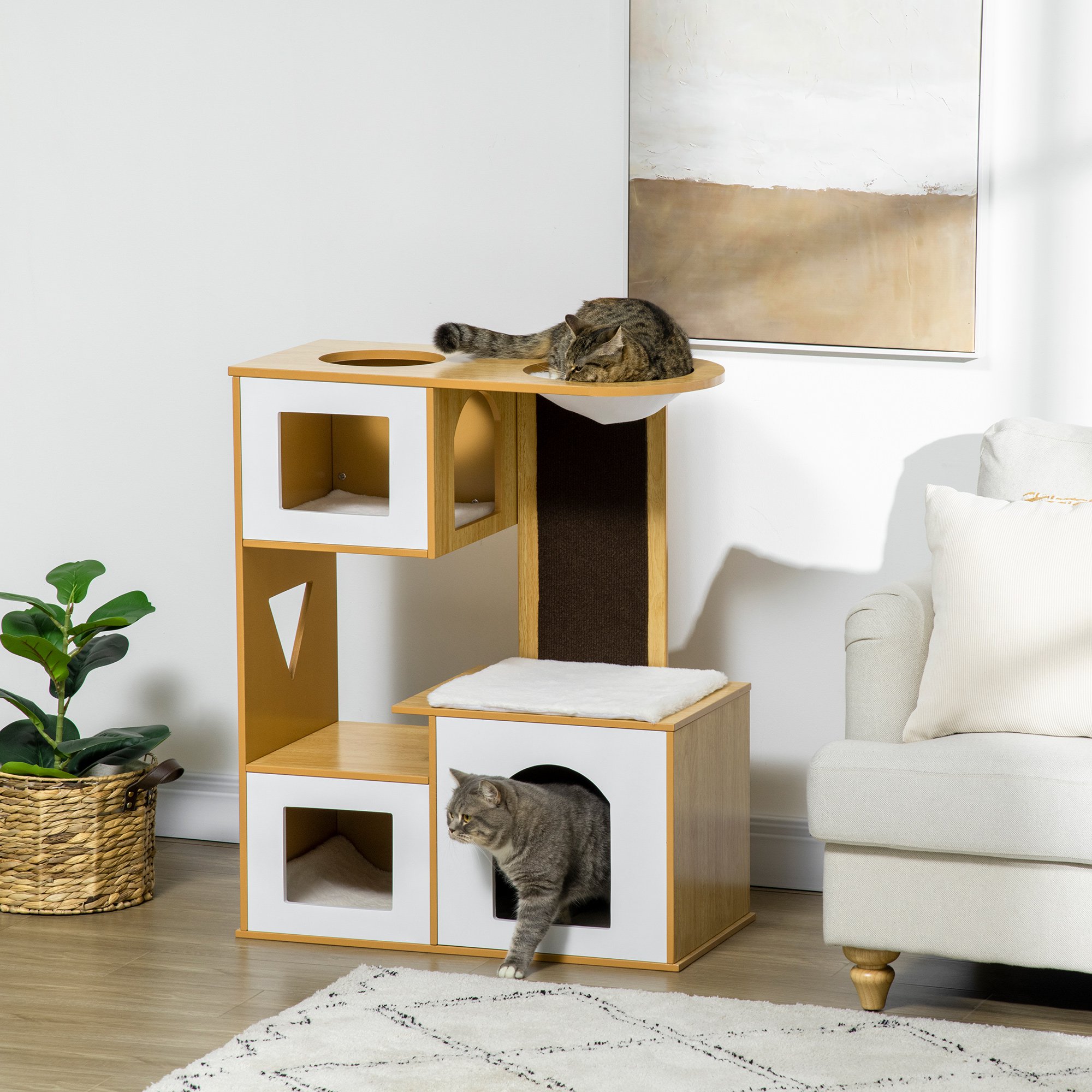 Árvore arranhadora para gatos PawHut, 92,5 cm de altura, torre para gatos com 3 casinhas de madeira, almofadas laváveis, arranhador e rede, 76x37x92,5 cm, carvalho.