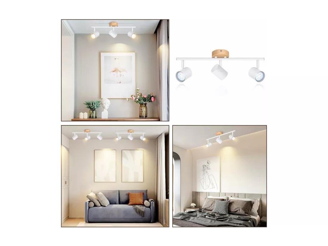 NETTLIFE Plafonnier LED 3 flamme - Blanc Plafonnier GU10 Spot pivotant Applique murale en bois Spot mural pour salon chambre Sans ampoule
