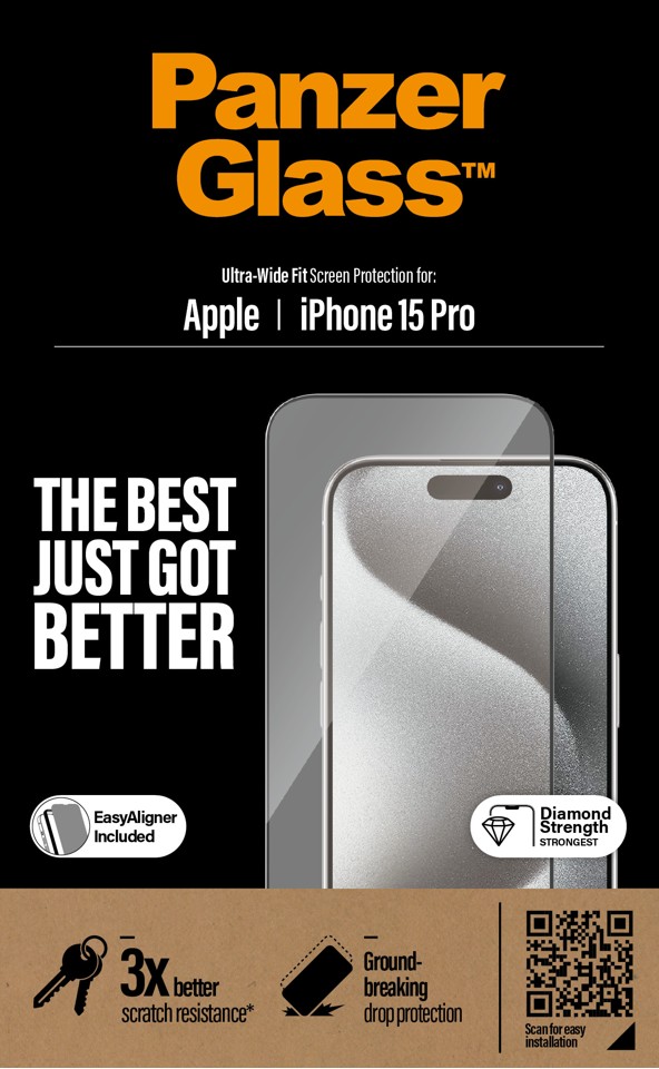 PanzerGlass - Skærmbeskyttelse iPhone 15 Pro - Ultra-Wide Fit m. EasyAligner