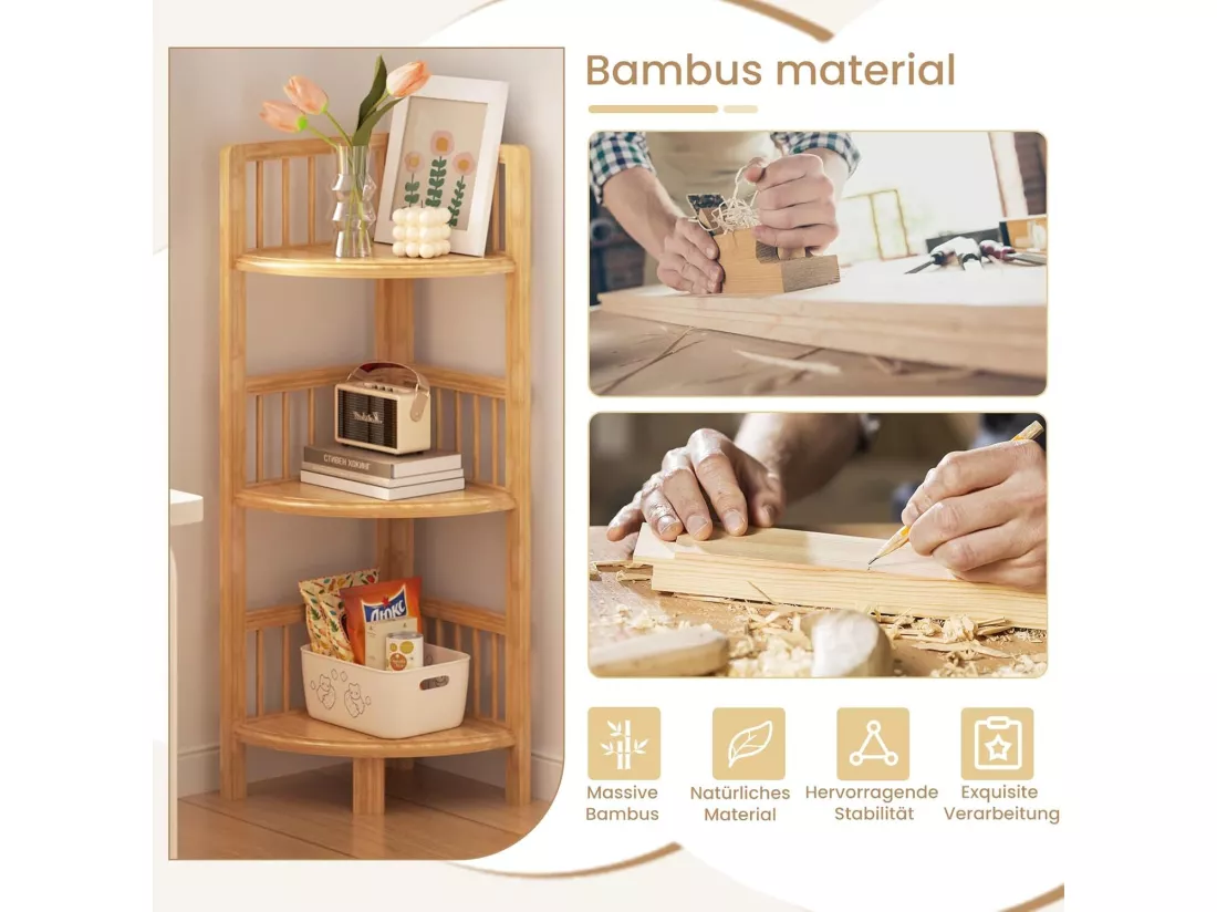 Etagère d'angle 4 niveaux en bambou,Étagère de Rangement pour Salon Salle de Bain Cuisine Balcon Couloir 104 x 30 x 30 cm - Naturel