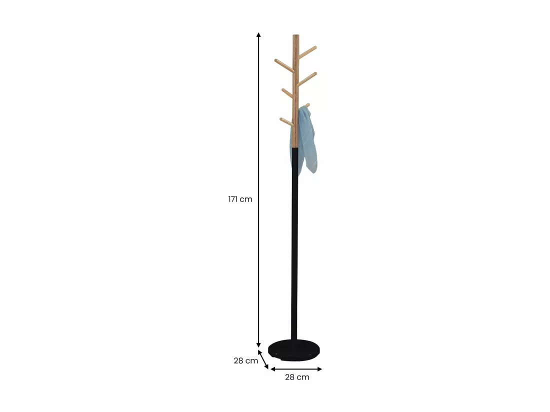 Porte-manteaux ENRICO portant à vêtements sur pied en forme d'arbre avec 6 crochets, en métal laqué noir et bois