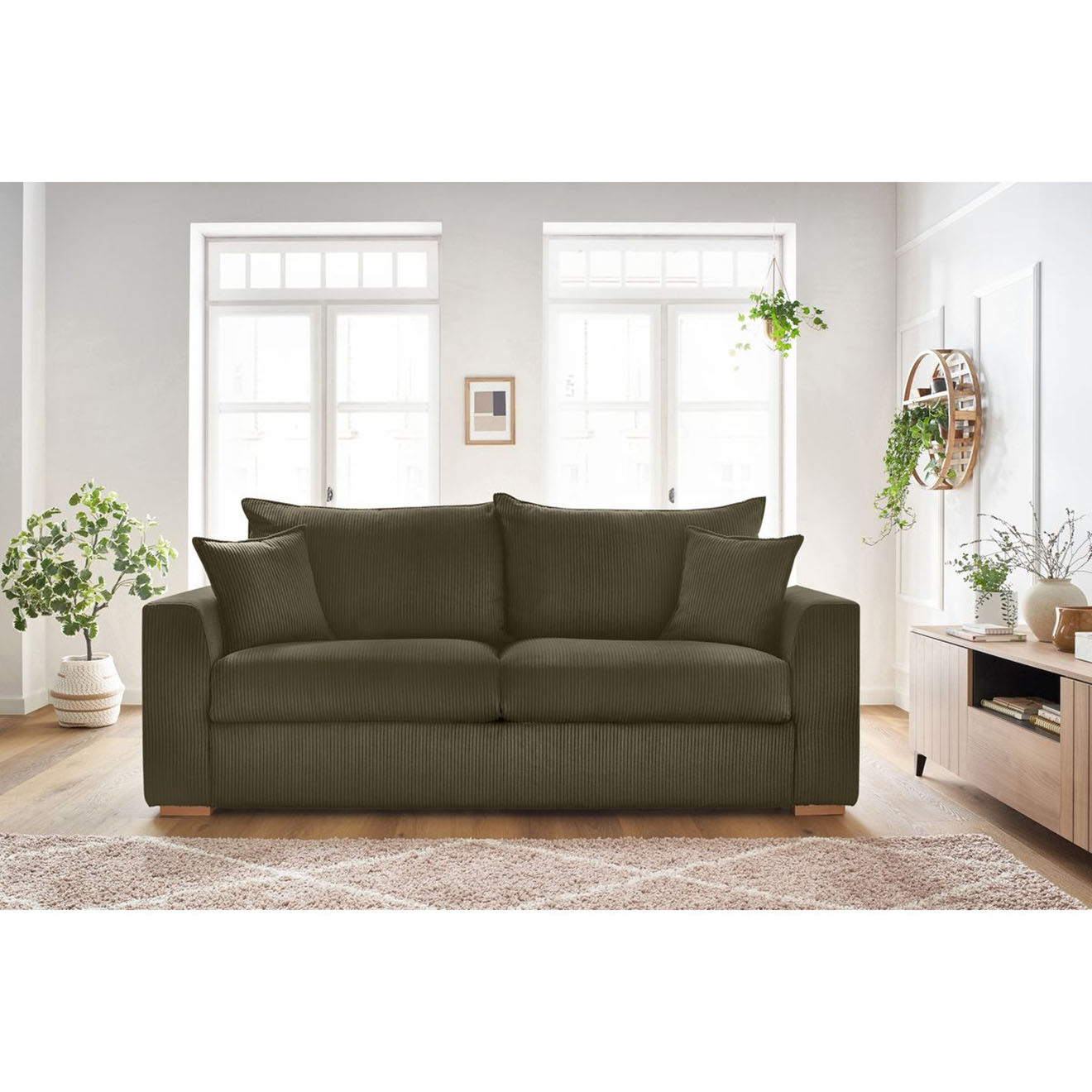 Bobochic Canapé droit convertible express en Velours côtelé 3 places Augustin vert - 205x96x97 cm